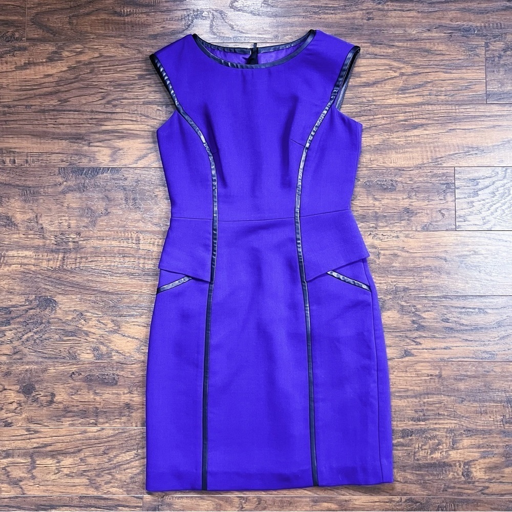 MILLY • Pipe-Trim Peplum Dress purple stretch wool black vegan leather - Picture 2 of 11